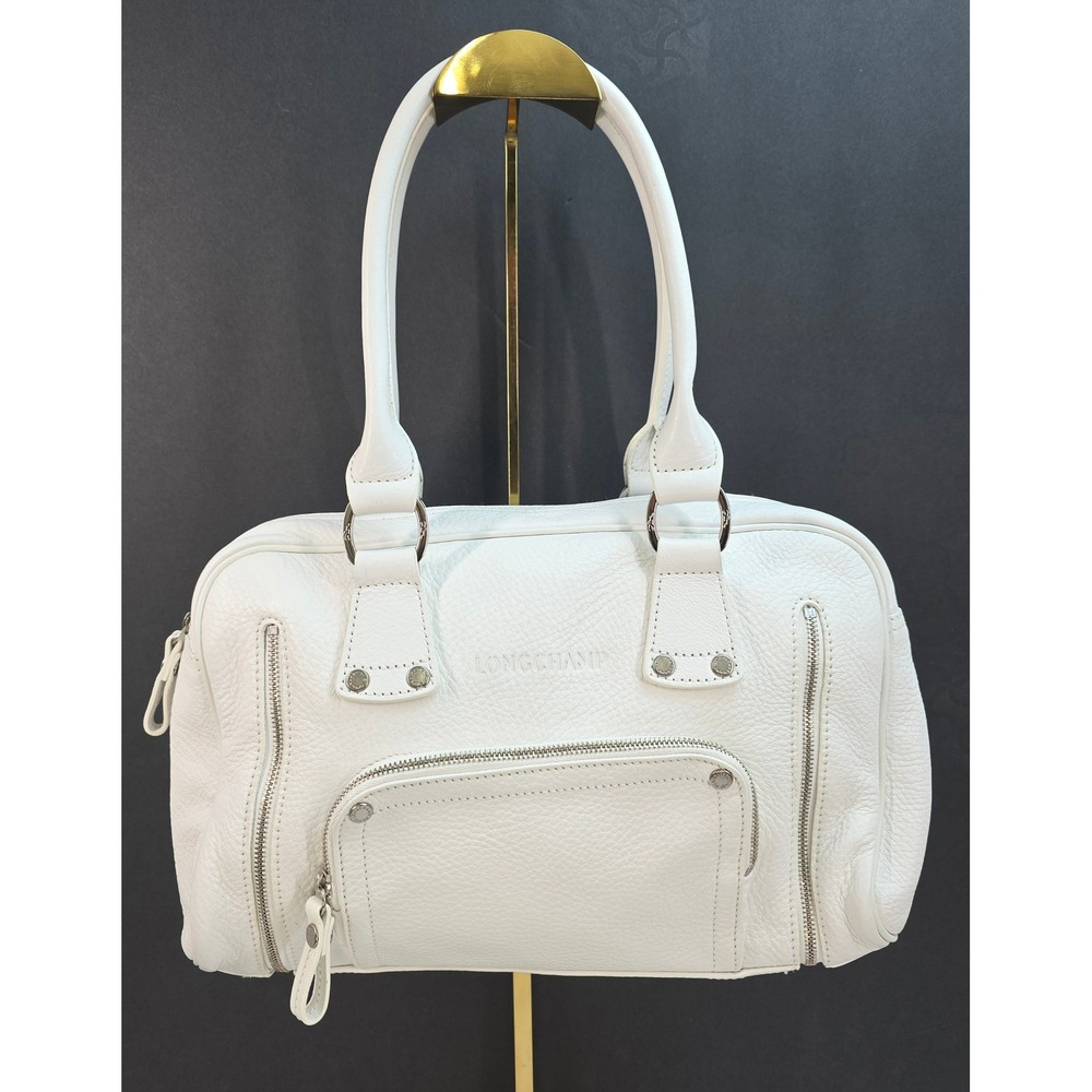 Longchamp Legende White Pebbled Leather Satchel Handbag 0743389